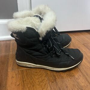 Sorel Whitney Boots Women's 6.5 Black White Faux Fur Waterproof Winter Snow
